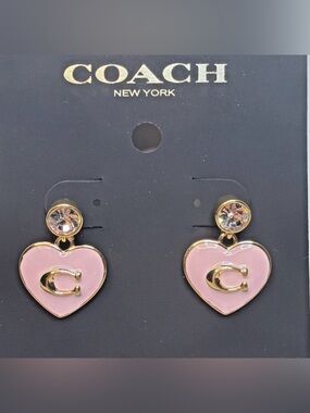 NWT Coach Women’s Heart Drop Earrings Pink Enamel Gold C Logo